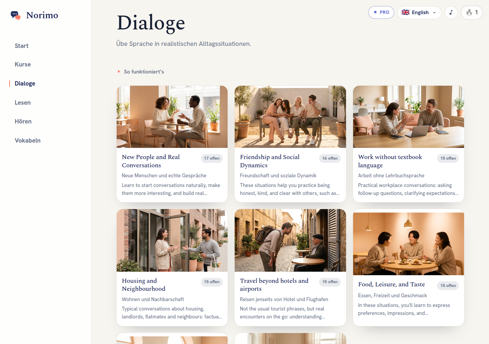Die Dialog-Kategorien in Norimo: reale Alltagssituationen statt isolierter Vokabellisten.