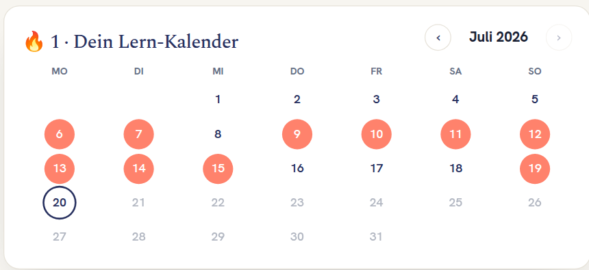 De leerkalender in de Norimo-app toont eerdere leerdagen als stippen, zonder een reeks af te dwingen.